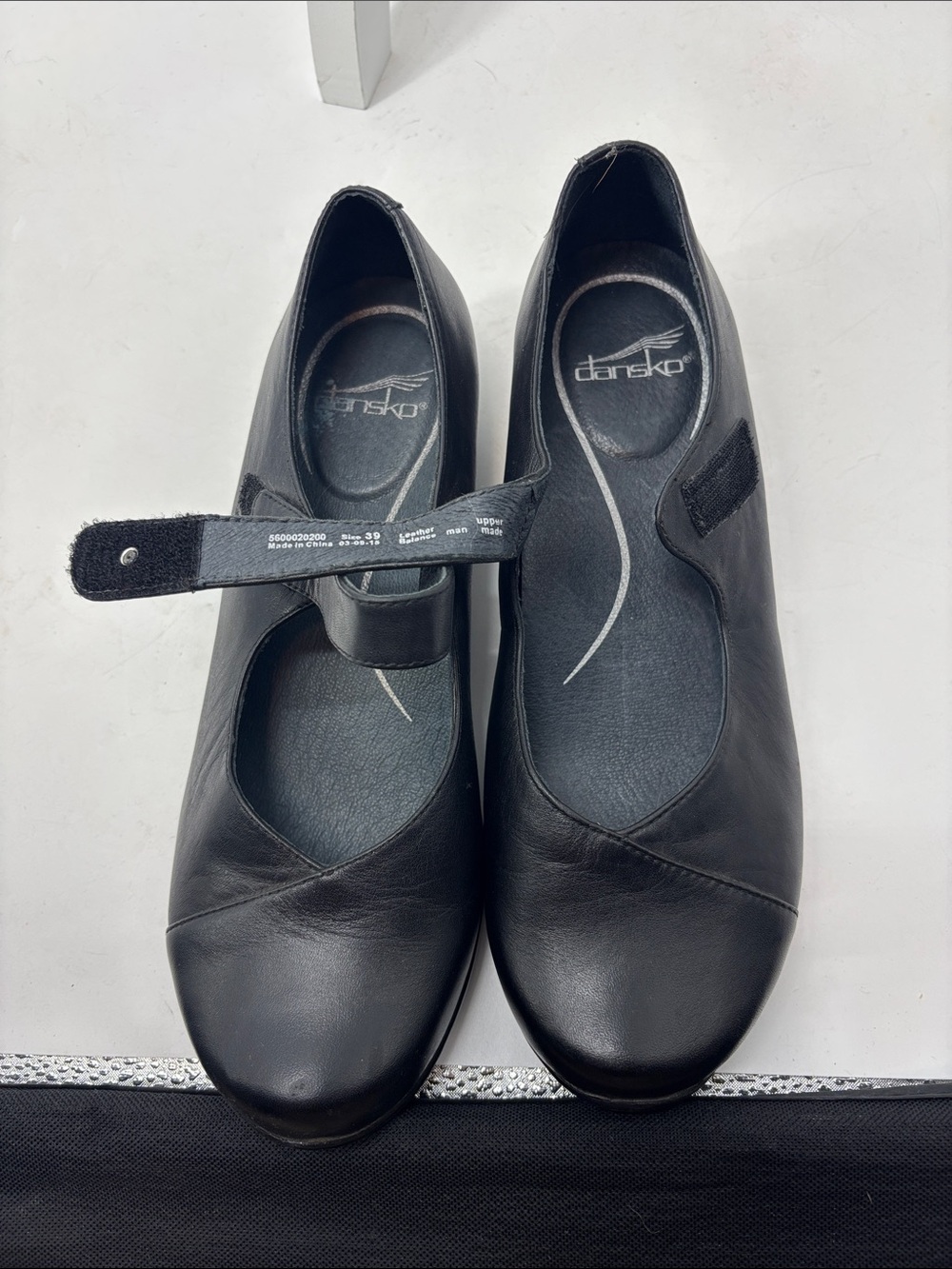 Dansko Black Leather Mary Jane Flats with Hook Strap